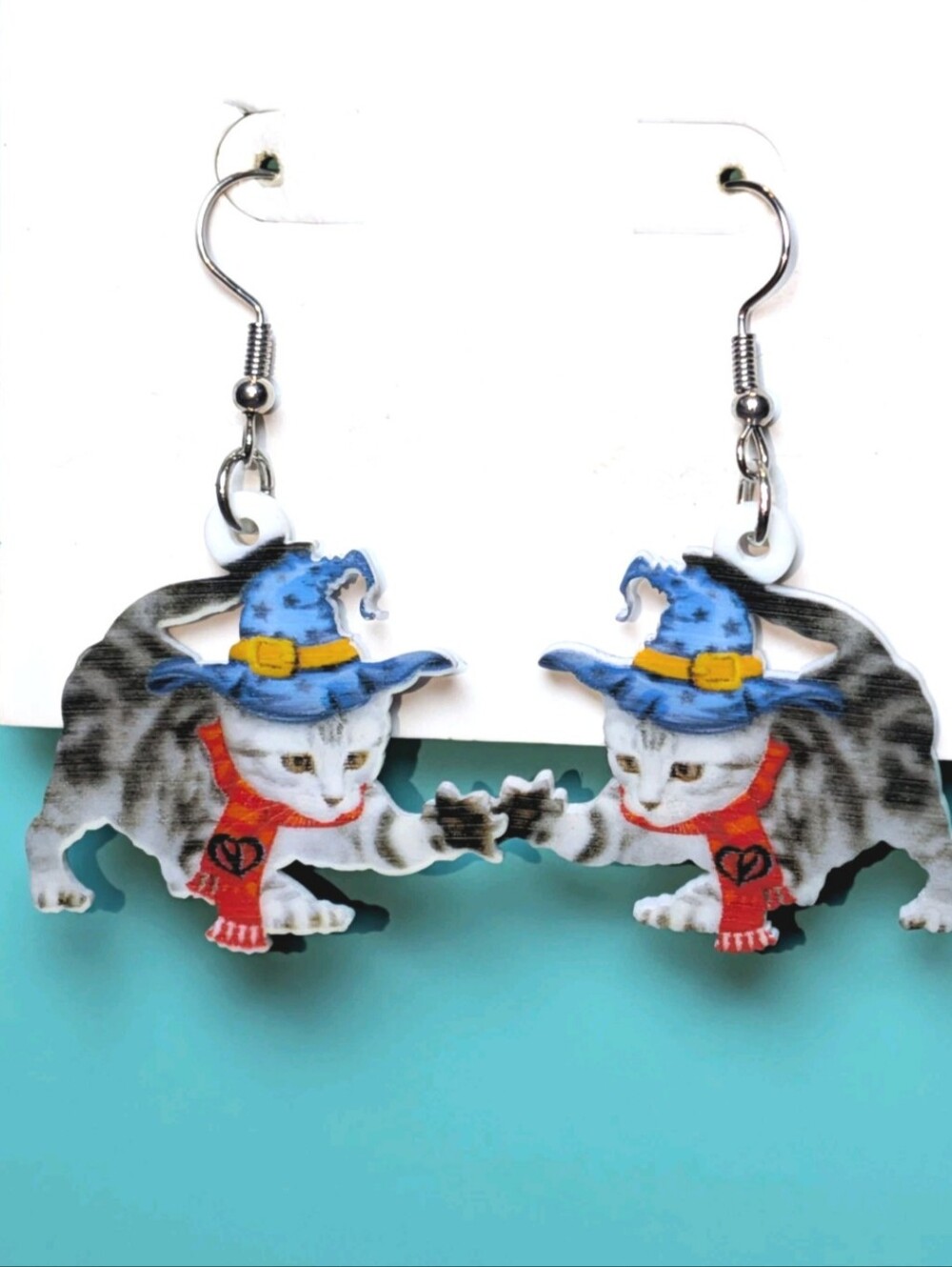 Hand Crafted Cat Earrings - Blue Witch Hat & Red Scarf